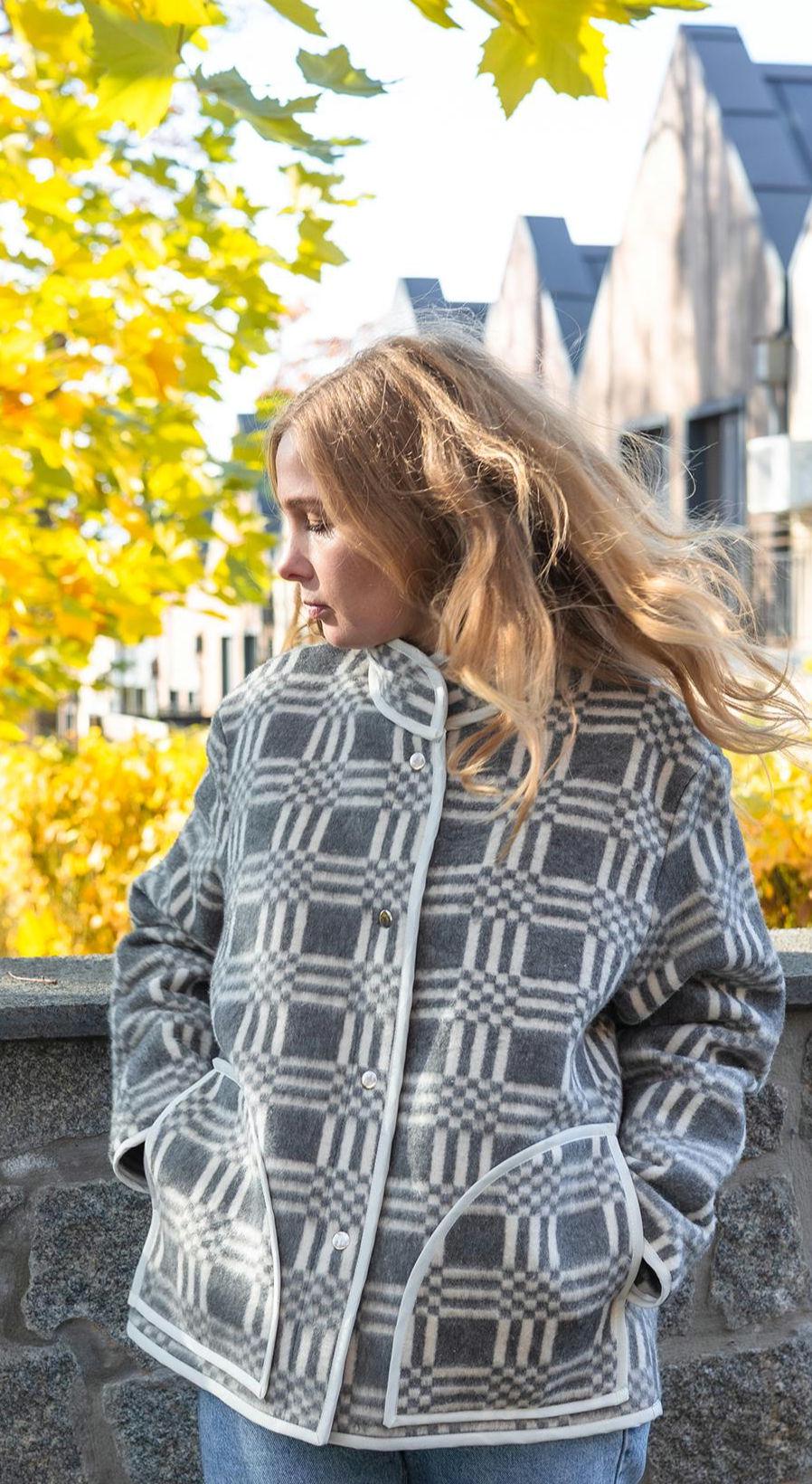 Upcycled Plaid Wool Blanket Jacket – Grey White Chore Coat, Sustainable Fashion