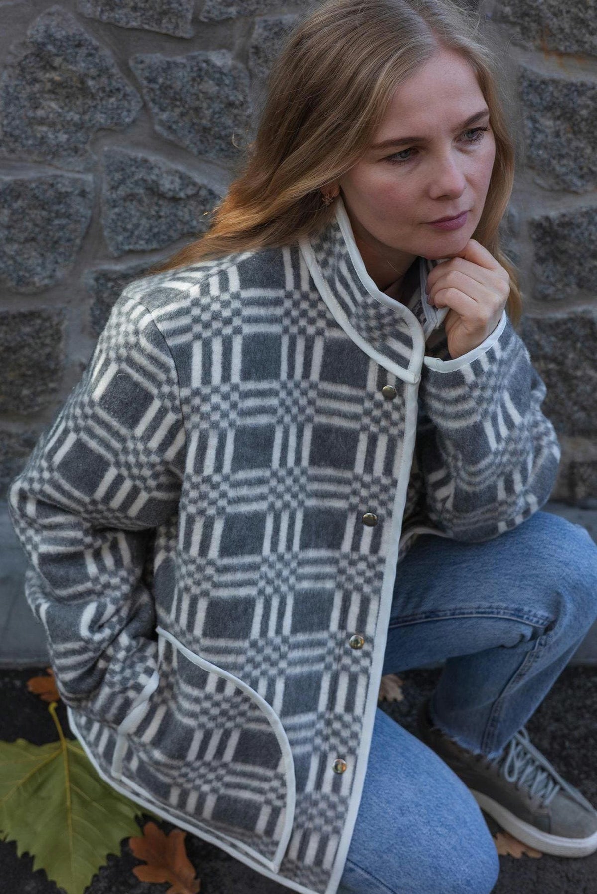 Upcycled Plaid Wool Blanket Jacket – Grey White Chore Coat, Sustainable Fashion