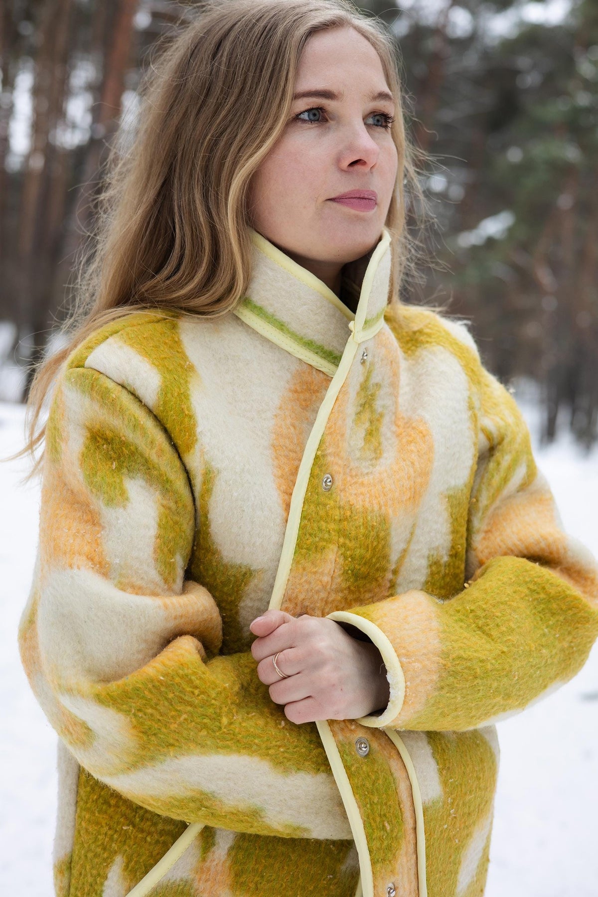 Vintage Wool Blanket Coat – Yellow Geometric Upcycled Jacket – Sustainable Fashion