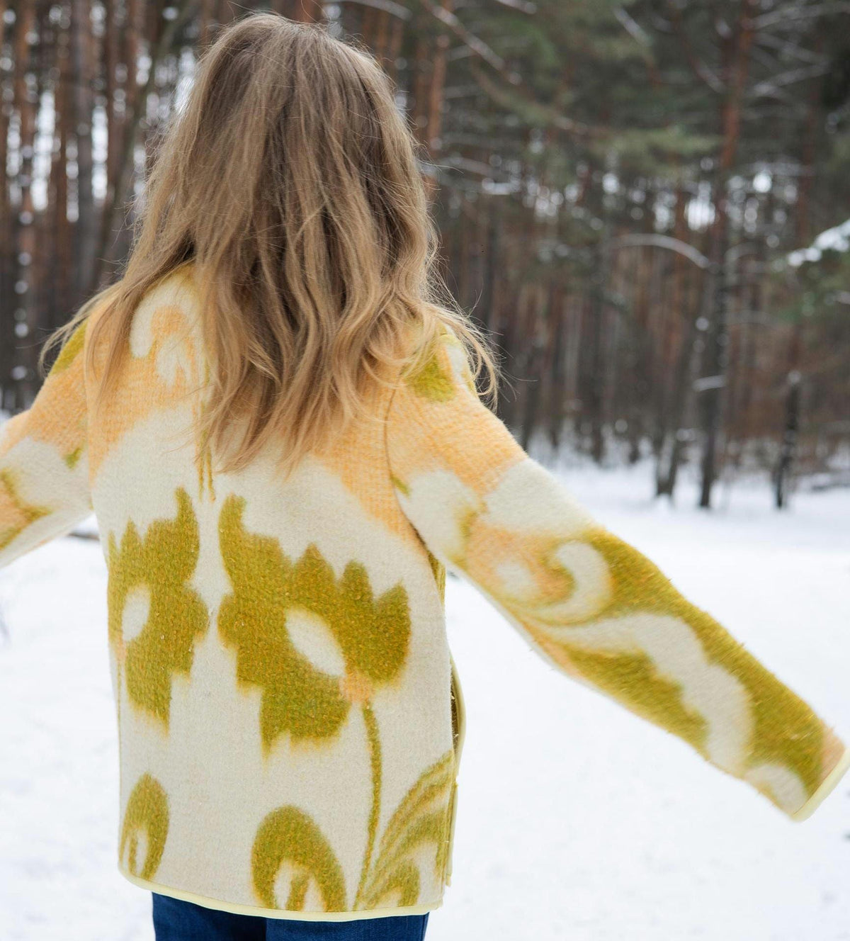 Vintage Wool Blanket Coat – Yellow Geometric Upcycled Jacket – Sustainable Fashion