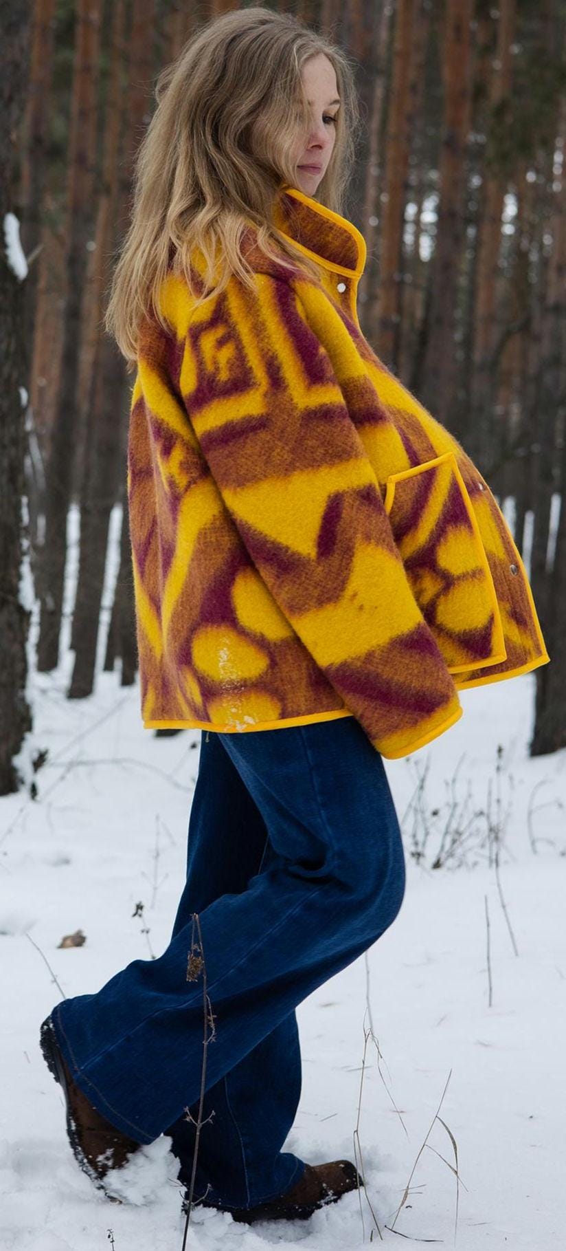 Handmade Pure Wool Blanket Jacket – Warm Geometric Chore Coat (Size L)