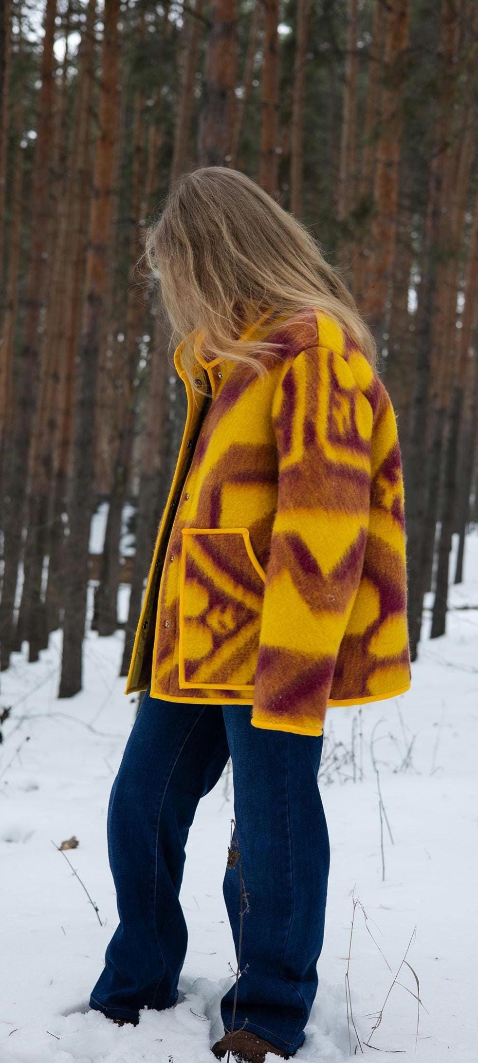 Handmade Pure Wool Blanket Jacket – Warm Geometric Chore Coat (Size L)