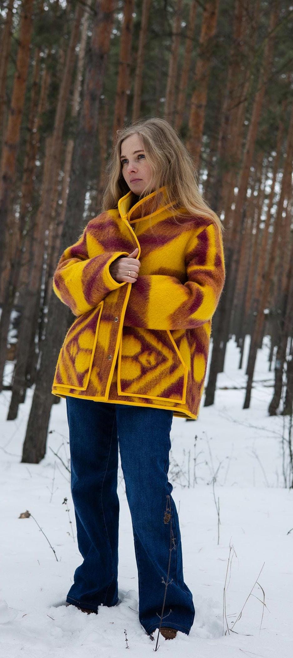 Handmade Pure Wool Blanket Jacket – Warm Geometric Chore Coat (Size L)