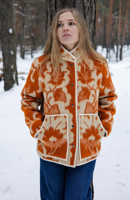 Upcycled Wool Blanket Coat – Orange Geometric Southwestern Style Jacket (Size M)