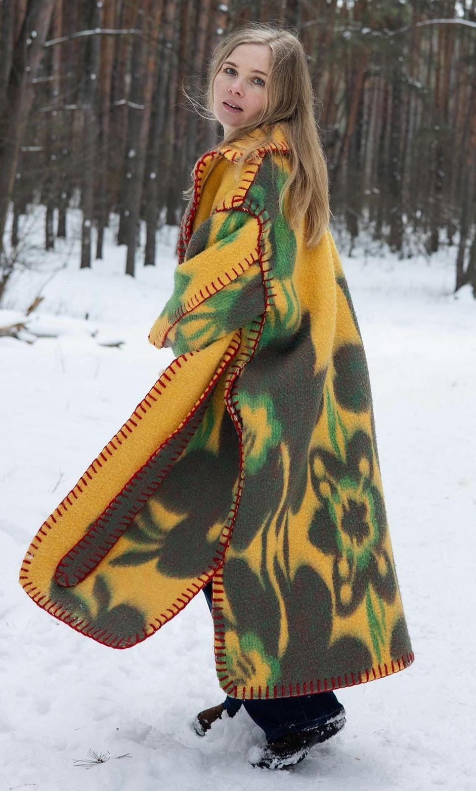 One-of-a-Kind Upcycled Wool Blanket Coat – Handcrafted Oversized Cardigan