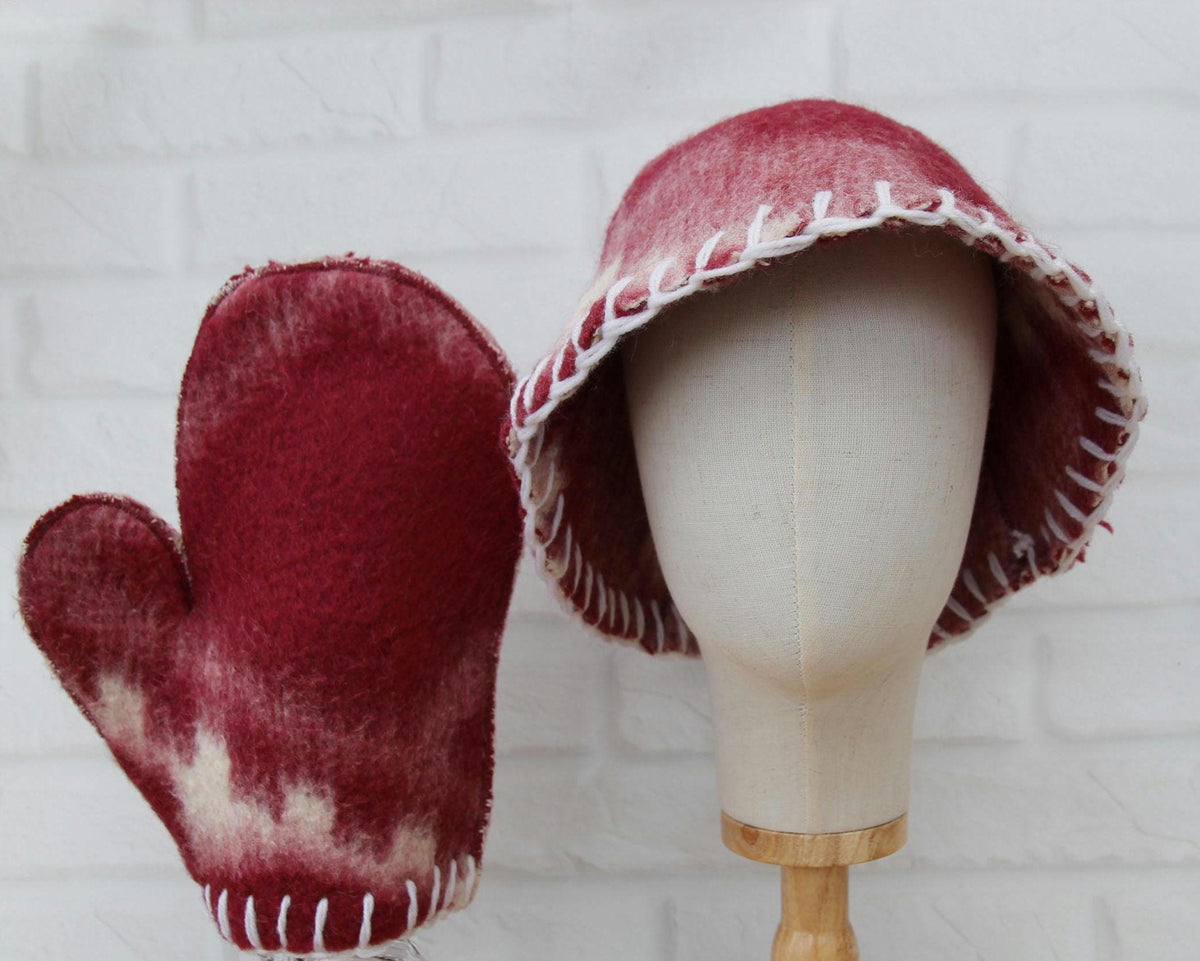 Upcycled Wool Felt Sauna Hat & Mitten Set | Tie Dye Banya Gear