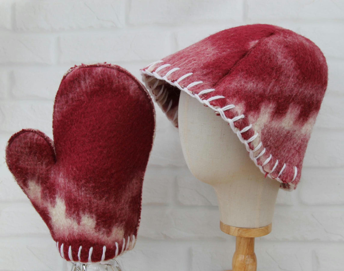 Upcycled Wool Felt Sauna Hat & Mitten Set | Tie Dye Banya Gear