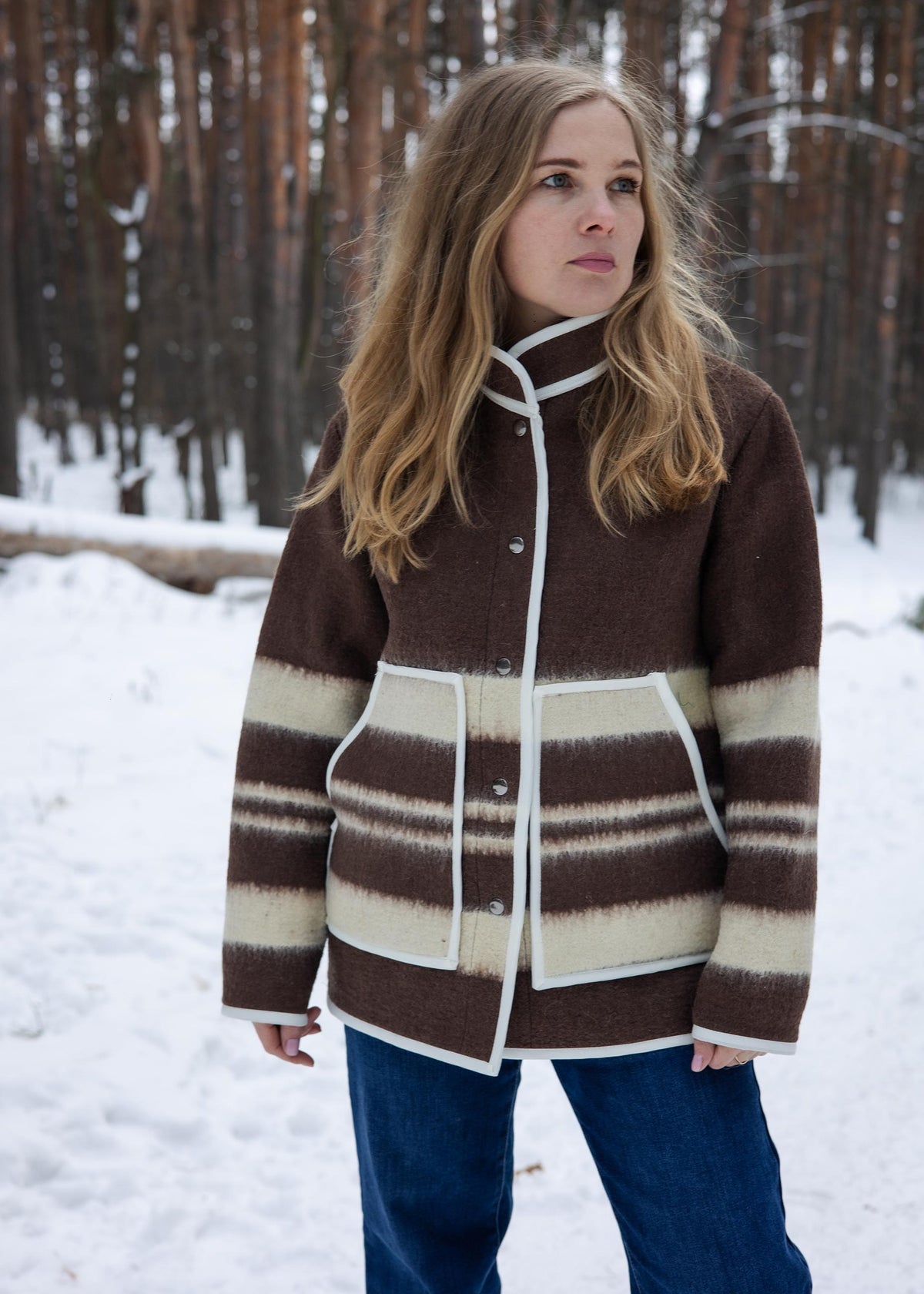 Upcycled Wool Blanket Coat size M, Handmade Boho Winter Jacket, Sustainable Recycled Outerwear