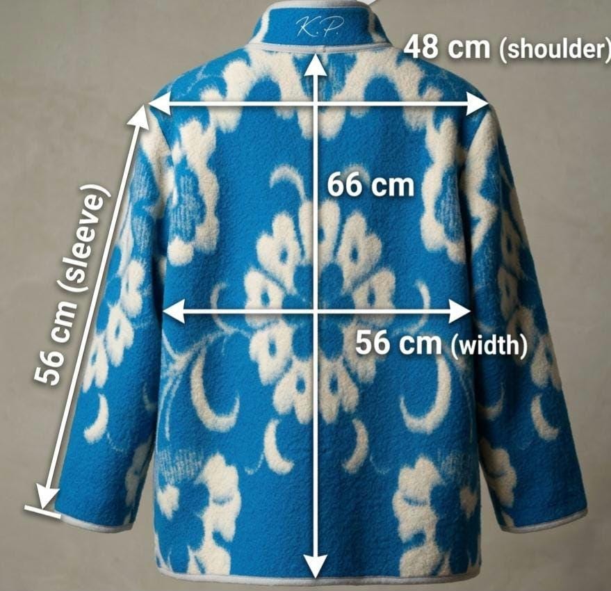 Vintage Wool Blanket Coat – Blue and White Floral Oversize Jacket – Women's Size M