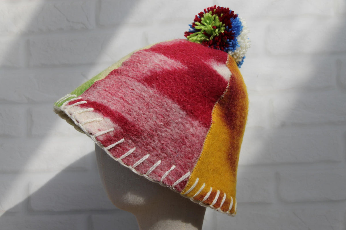 Eco-Friendly Upcycled Wool Sauna Hat 4-Panel Patchwork Design