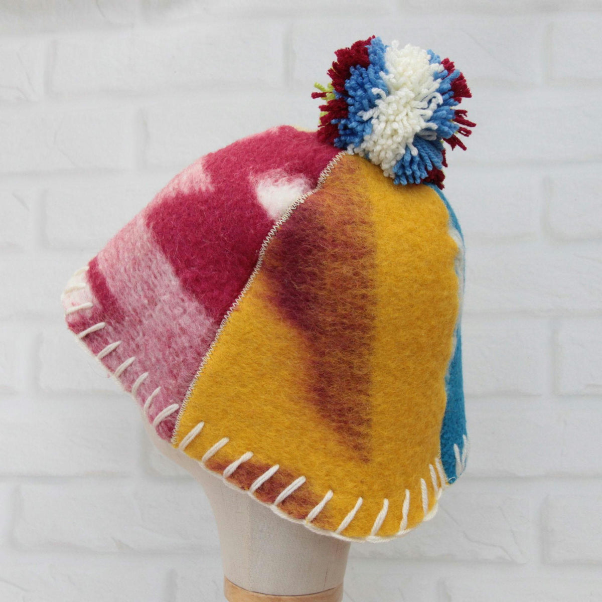 Eco-Friendly Upcycled Wool Sauna Hat 4-Panel Patchwork Design