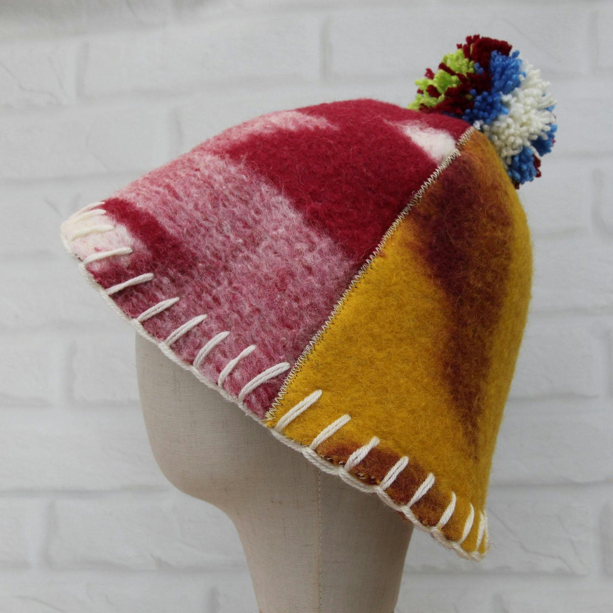 Eco-Friendly Upcycled Wool Sauna Hat 4-Panel Patchwork Design