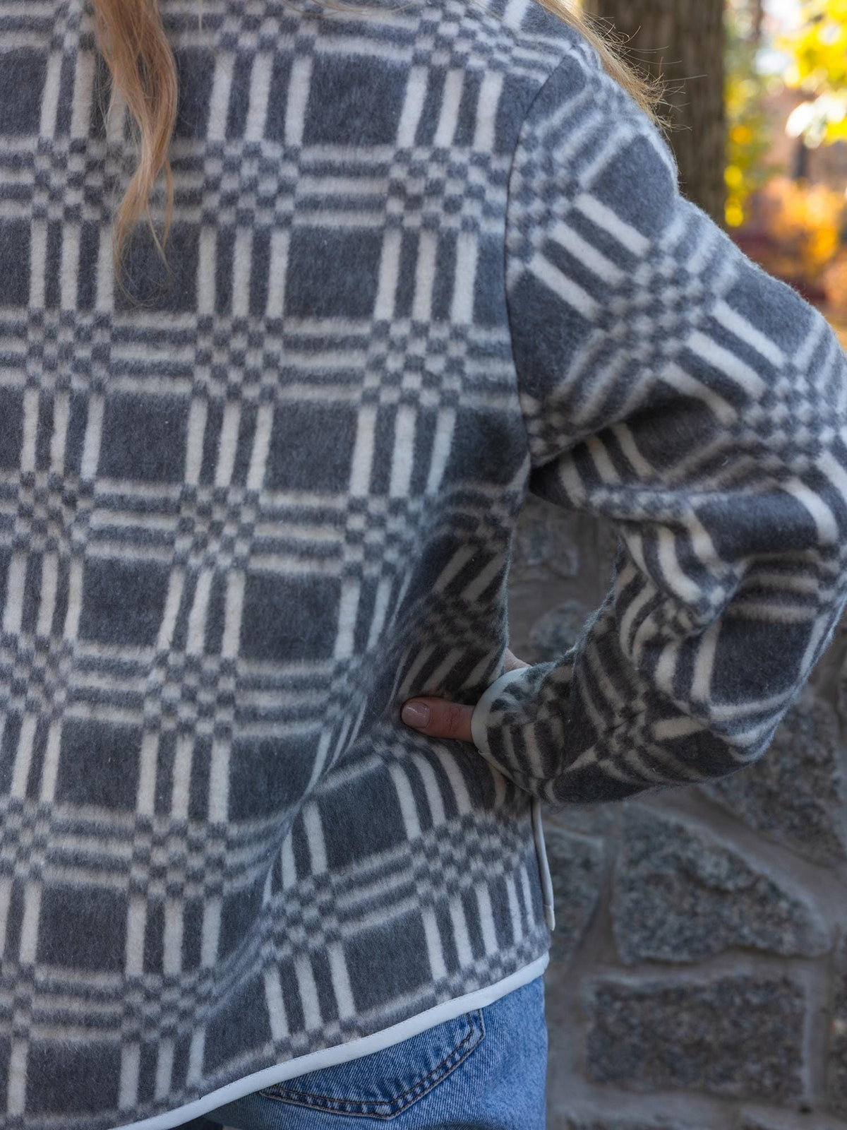 Upcycled Plaid Wool Blanket Jacket – Grey White Chore Coat, Sustainable Fashion
