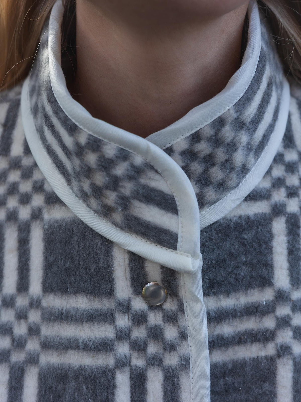 Upcycled Plaid Wool Blanket Jacket – Grey White Chore Coat, Sustainable Fashion