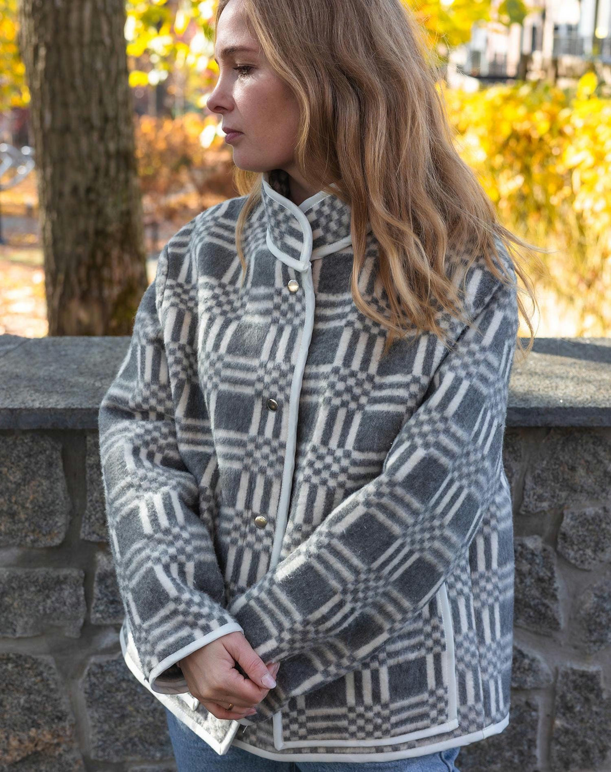 Upcycled Plaid Wool Blanket Jacket – Grey White Chore Coat, Sustainable Fashion