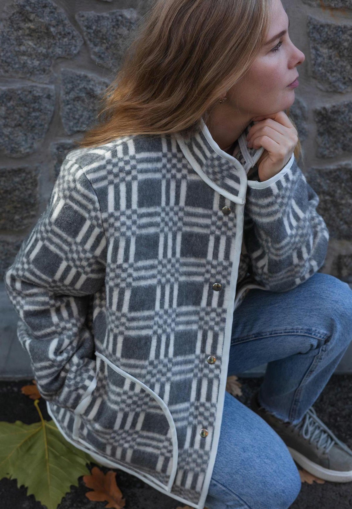 Upcycled Plaid Wool Blanket Jacket – Grey White Chore Coat, Sustainable Fashion