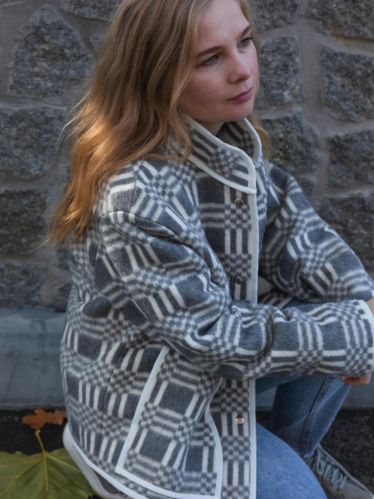 Upcycled Plaid Wool Blanket Jacket – Grey White Chore Coat, Sustainable Fashion
