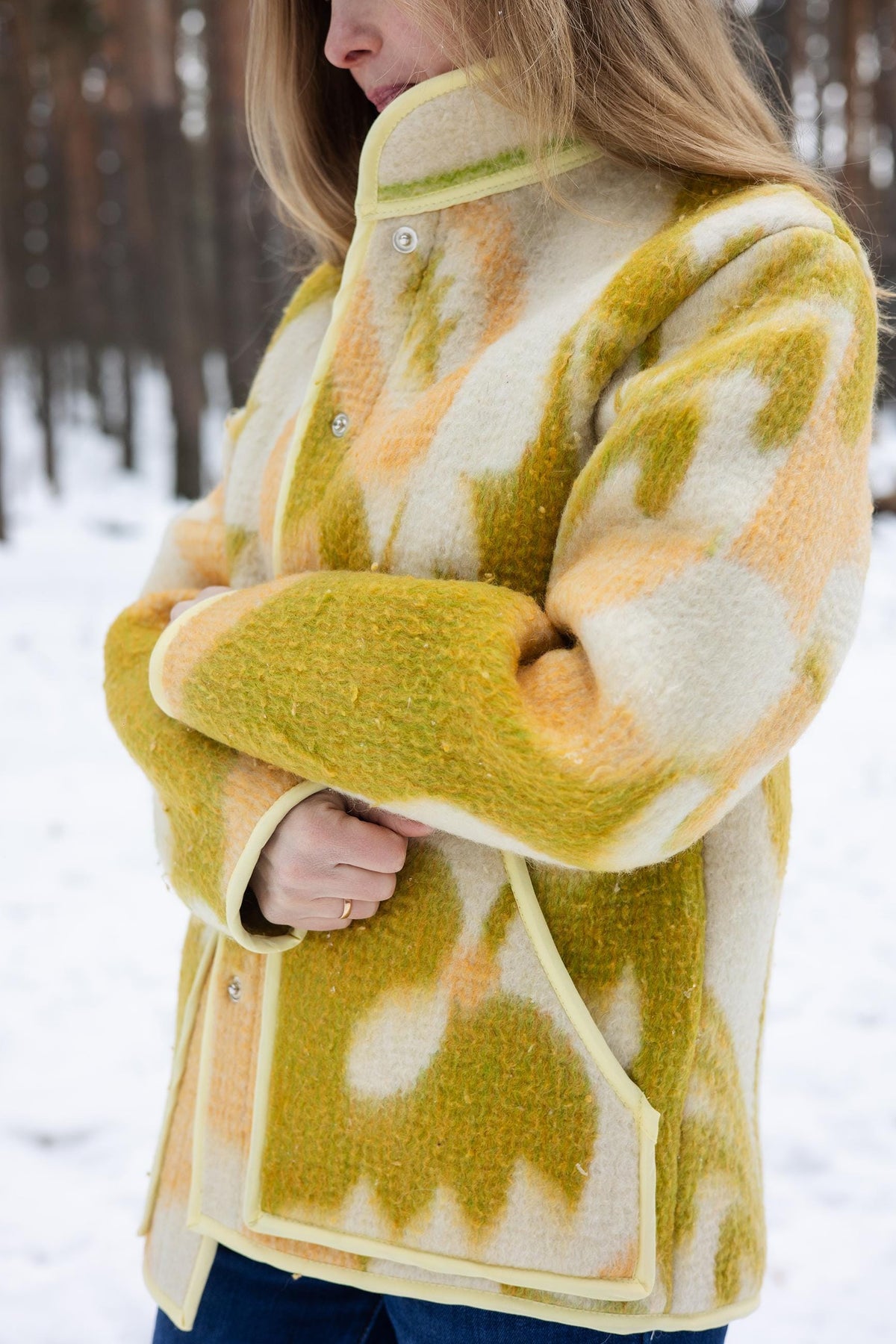 Vintage Wool Blanket Coat – Yellow Geometric Upcycled Jacket – Sustainable Fashion
