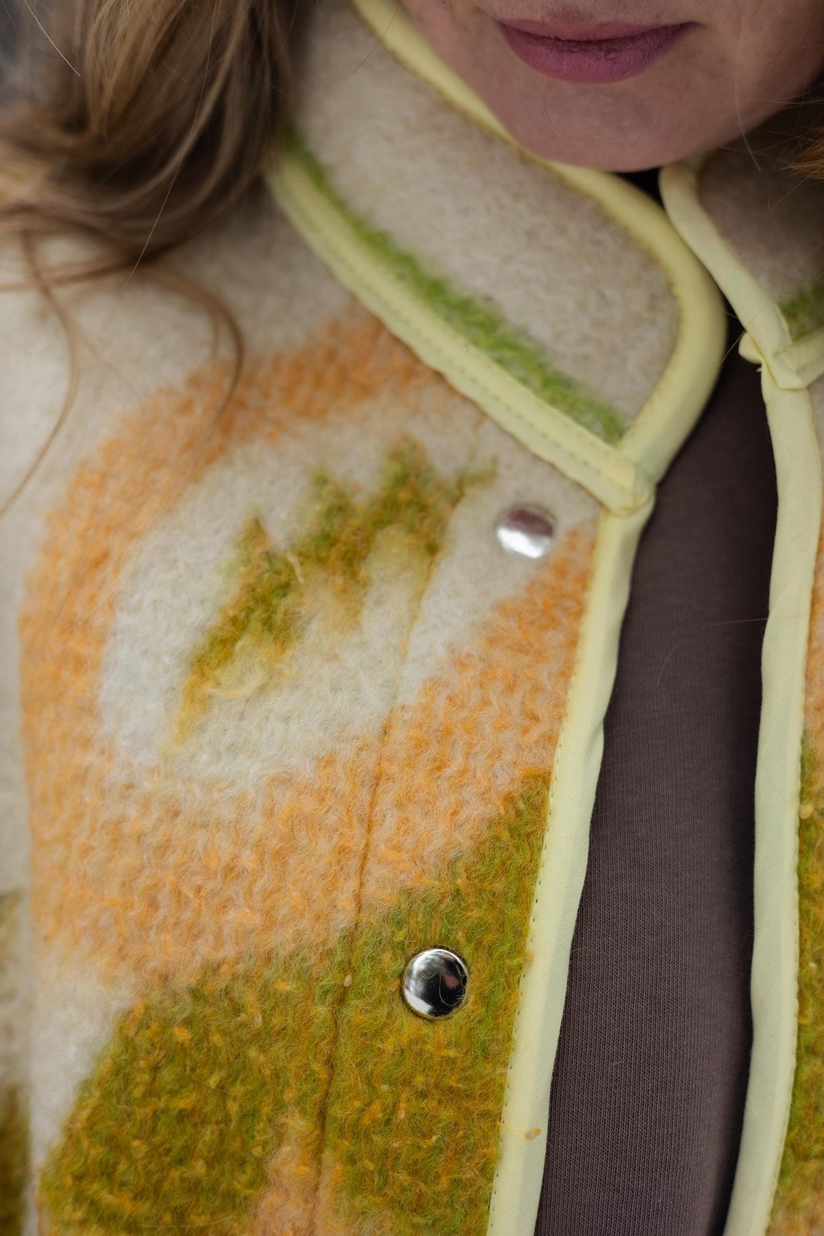 Vintage Wool Blanket Coat – Yellow Geometric Upcycled Jacket – Sustainable Fashion