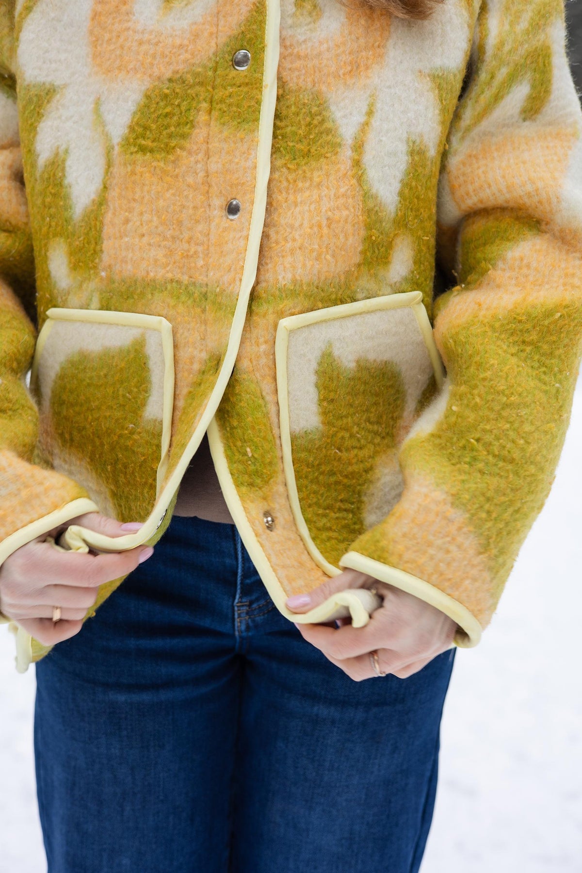 Vintage Wool Blanket Coat – Yellow Geometric Upcycled Jacket – Sustainable Fashion