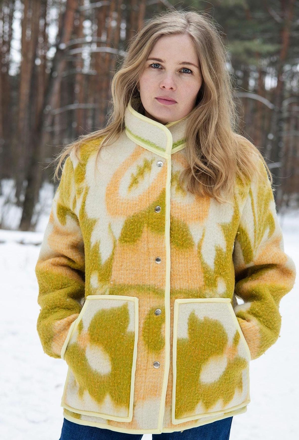 Vintage Wool Blanket Coat – Yellow Geometric Upcycled Jacket – Sustainable Fashion