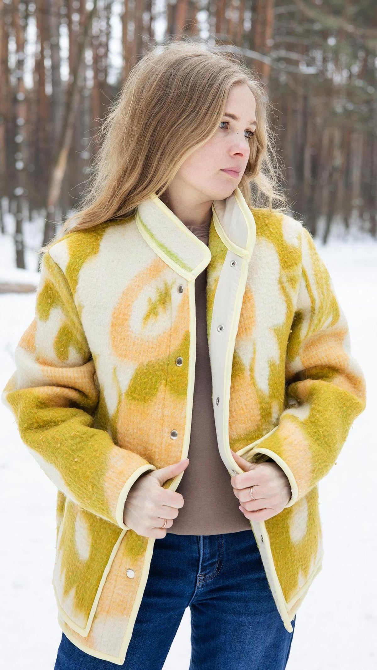 Vintage Wool Blanket Coat – Yellow Geometric Upcycled Jacket – Sustainable Fashion