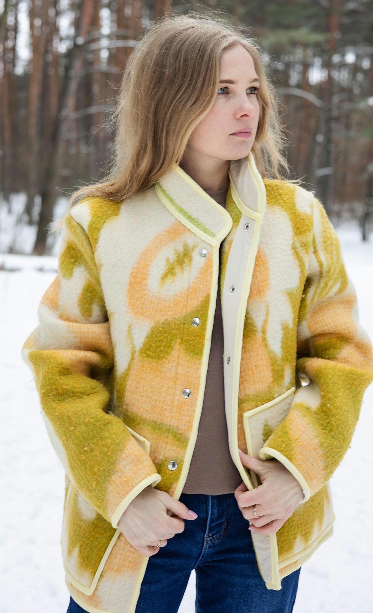 Vintage Wool Blanket Coat – Yellow Geometric Upcycled Jacket – Sustainable Fashion