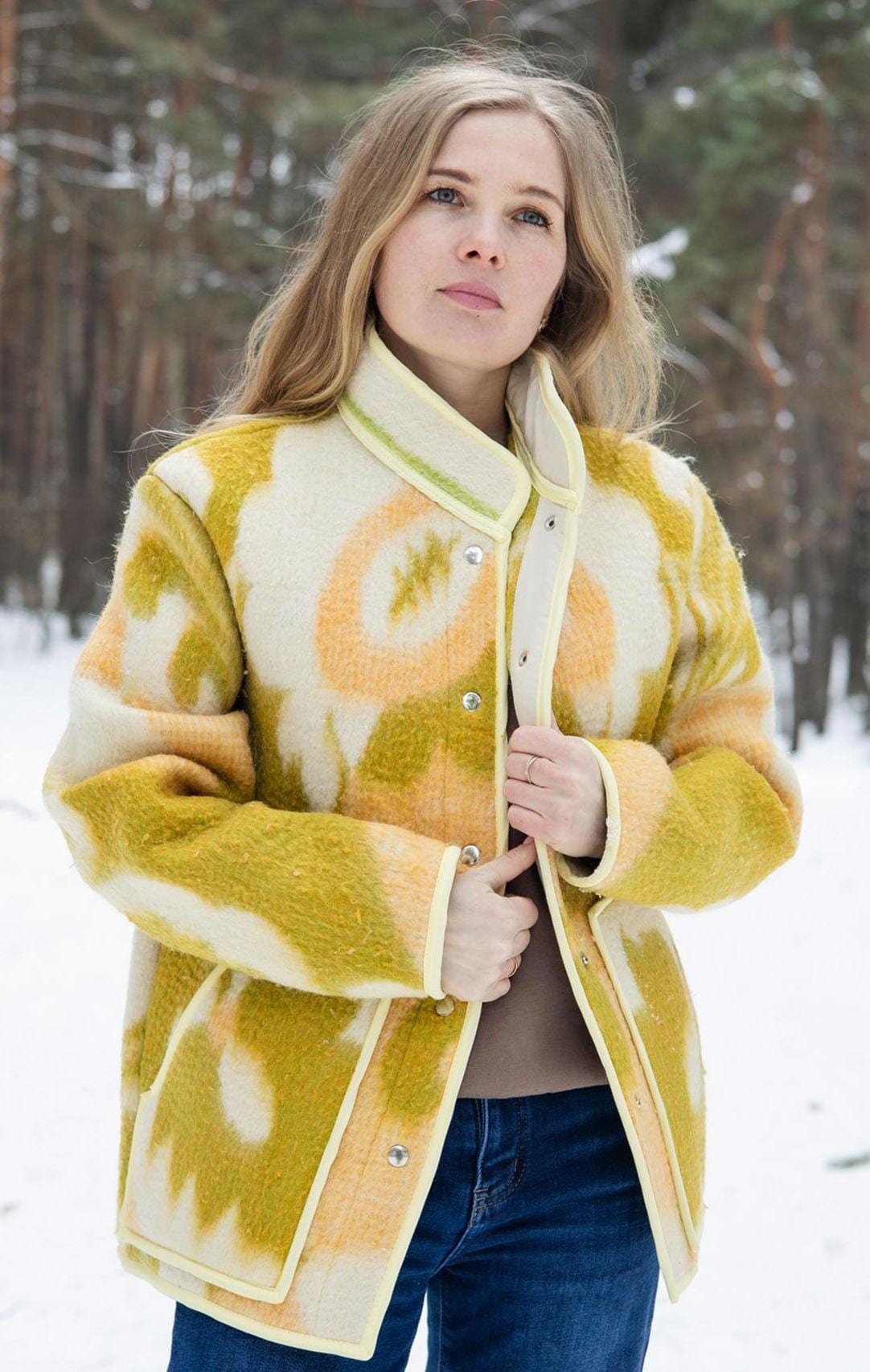 Vintage Wool Blanket Coat – Yellow Geometric Upcycled Jacket – Sustainable Fashion