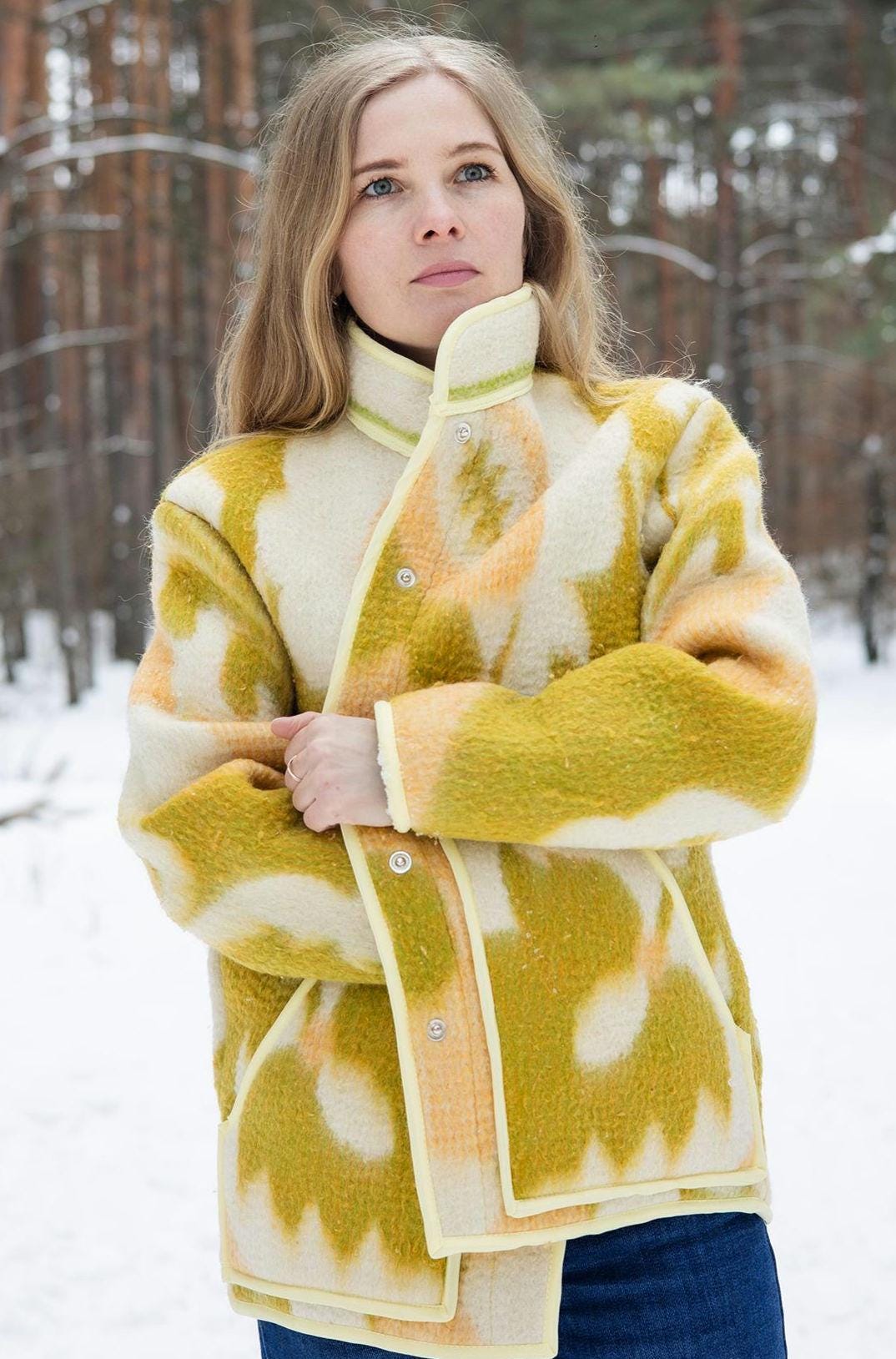 Vintage Wool Blanket Coat – Yellow Geometric Upcycled Jacket – Sustainable Fashion
