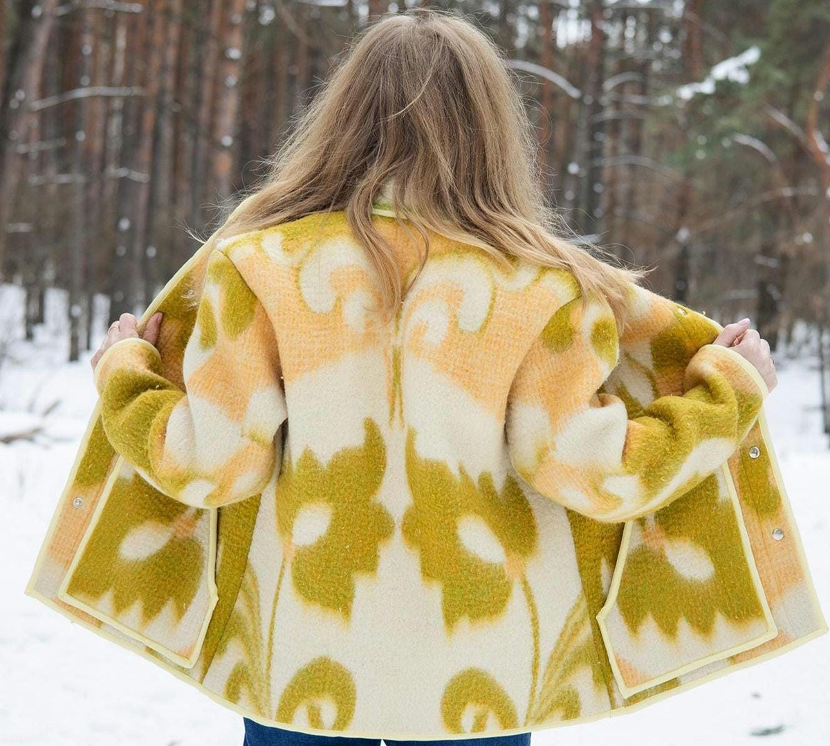 Vintage Wool Blanket Coat – Yellow Geometric Upcycled Jacket – Sustainable Fashion