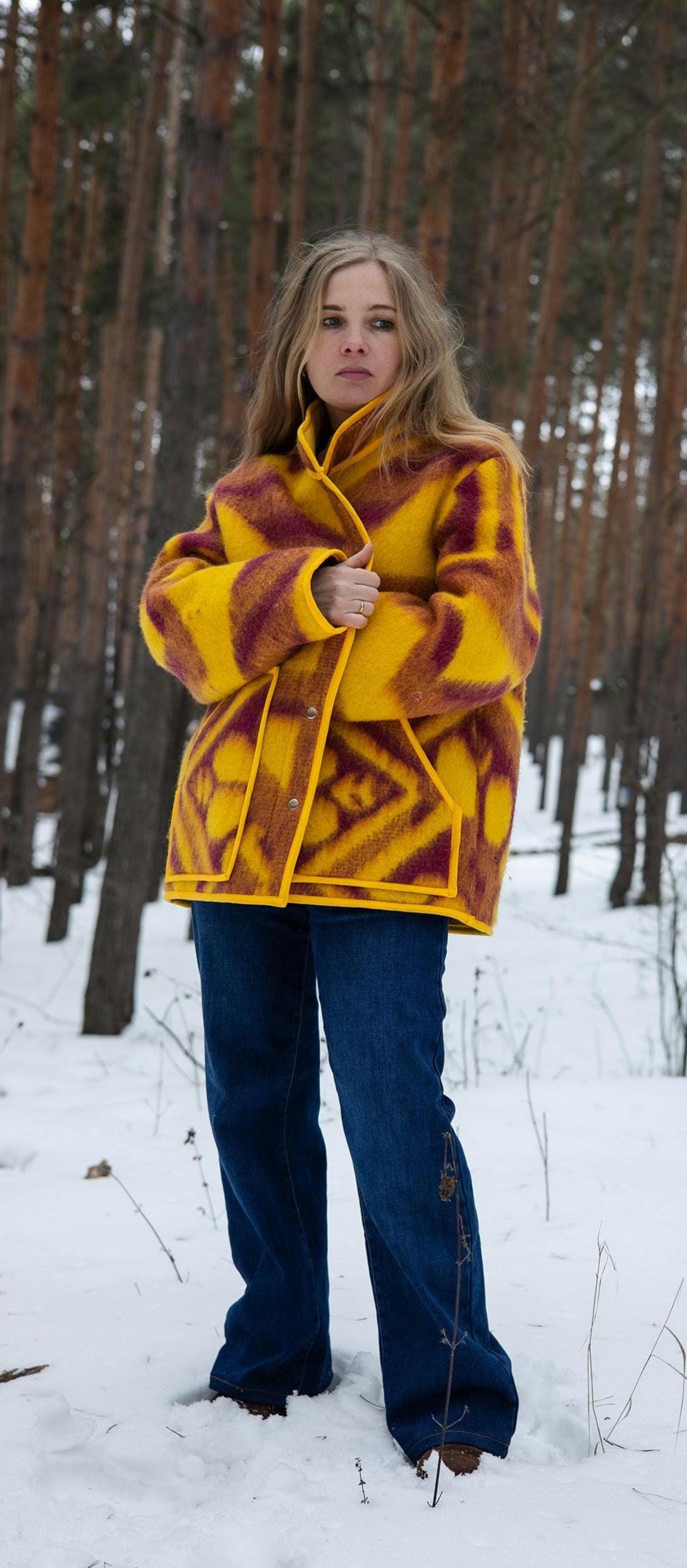 Handmade Pure Wool Blanket Jacket – Warm Geometric Chore Coat (Size L)
