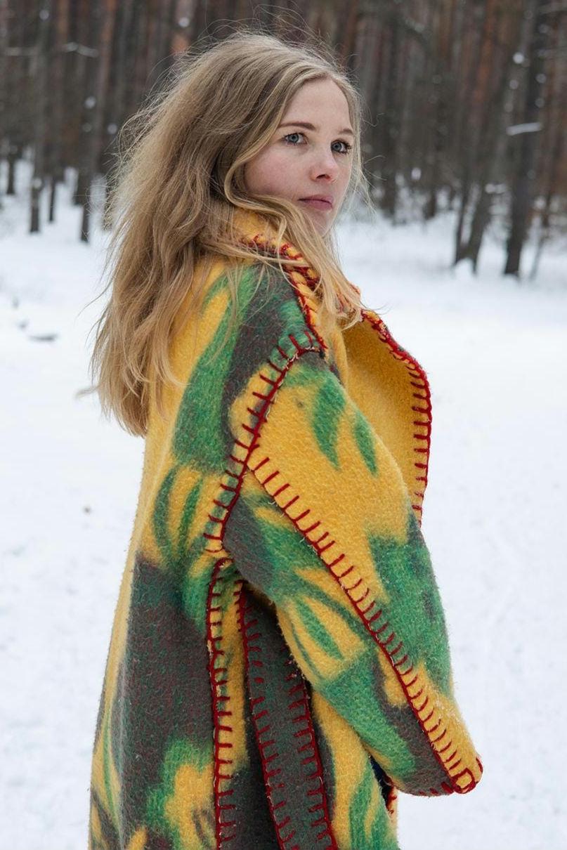 One-of-a-Kind Upcycled Wool Blanket Coat – Handcrafted Oversized Cardigan