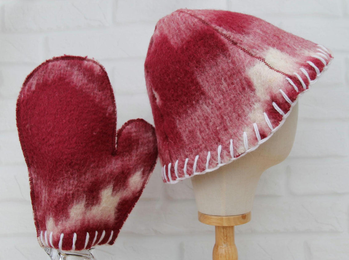 Upcycled Wool Felt Sauna Hat & Mitten Set | Tie Dye Banya Gear