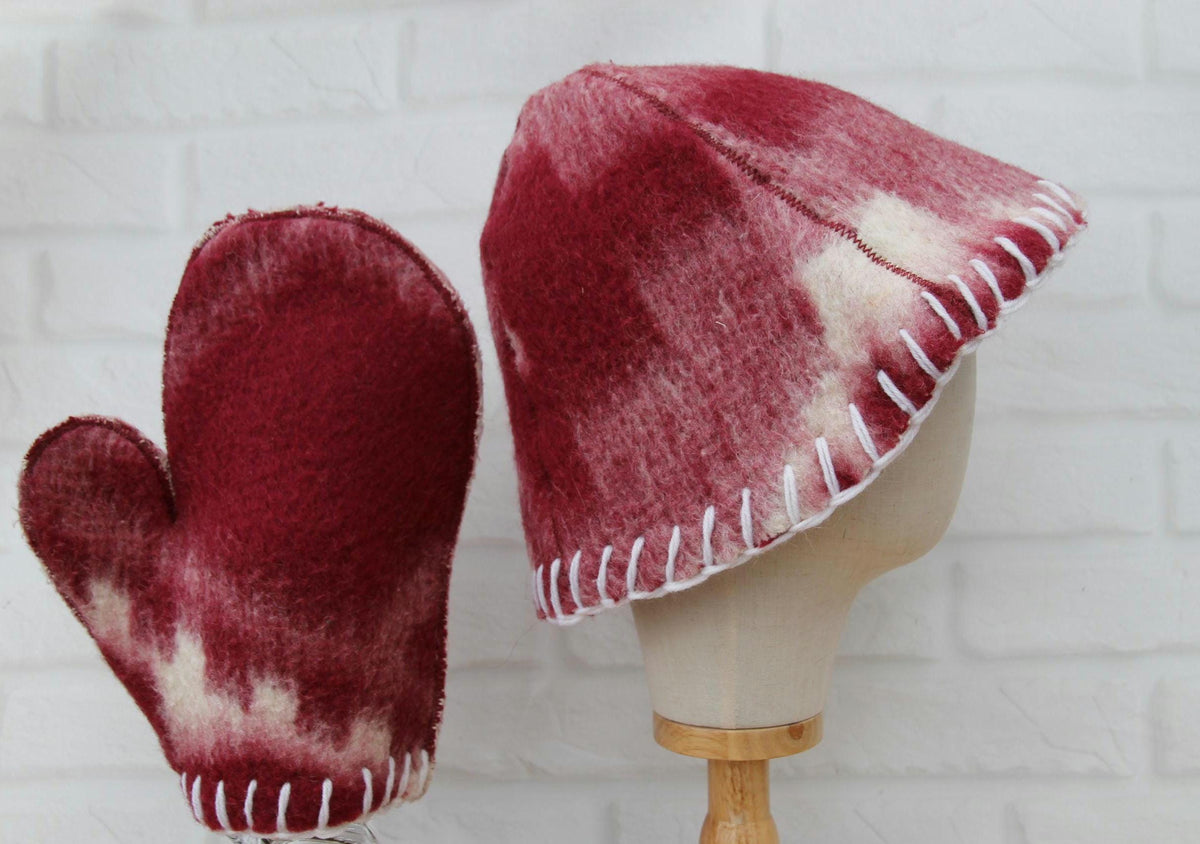 Upcycled Wool Felt Sauna Hat & Mitten Set | Tie Dye Banya Gear