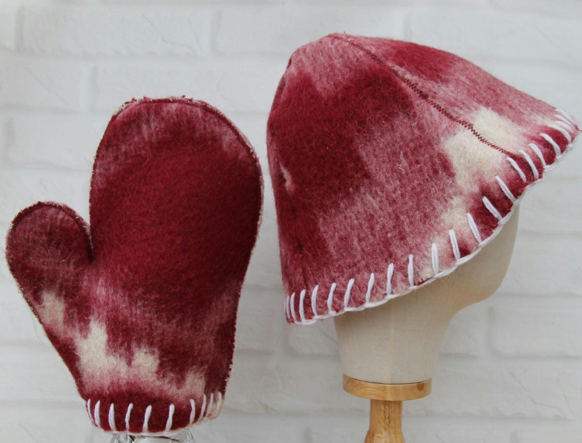 Upcycled Wool Felt Sauna Hat & Mitten Set | Tie Dye Banya Gear
