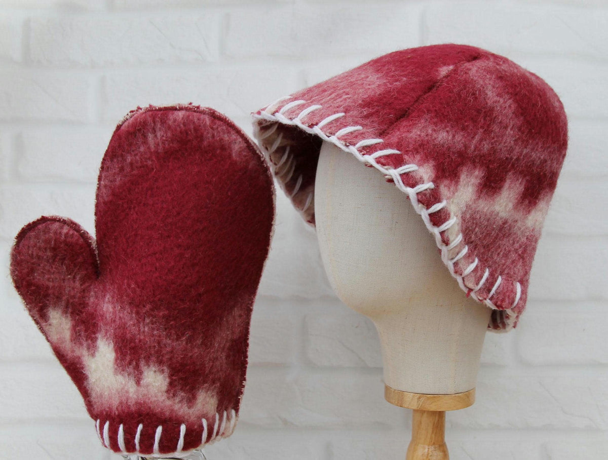 Upcycled Wool Felt Sauna Hat & Mitten Set | Tie Dye Banya Gear