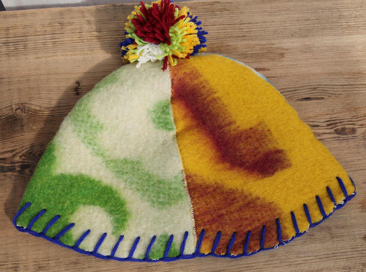 Eco-Friendly Upcycled Wool Sauna Hat 4-Panel Patchwork Design