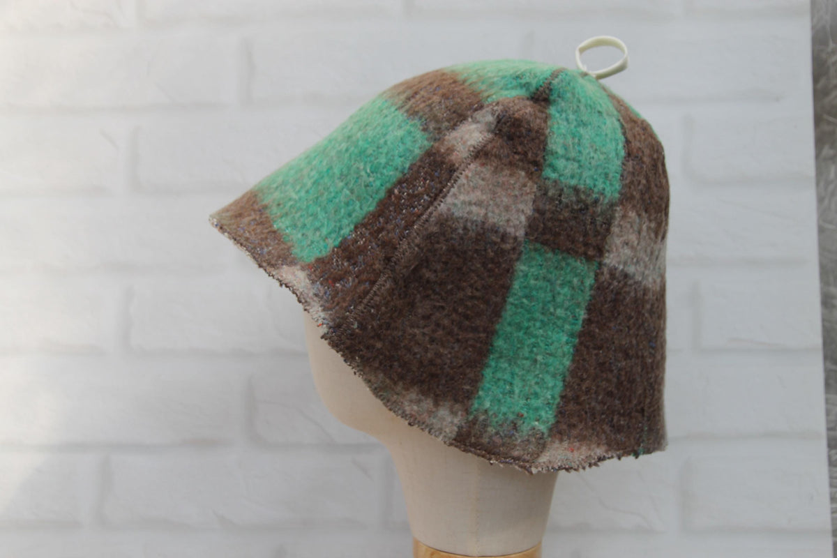 Eco-Friendly Upcycled Wool Sauna Hat, Handcrafted from Vintage Plaid Blanket, One-of-a-Kind, Gray and Green
