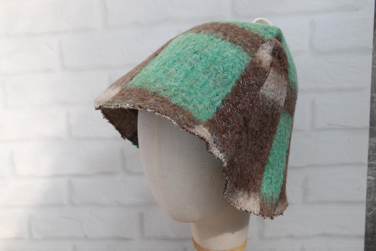 Eco-Friendly Upcycled Wool Sauna Hat, Handcrafted from Vintage Plaid Blanket, One-of-a-Kind, Gray and Green