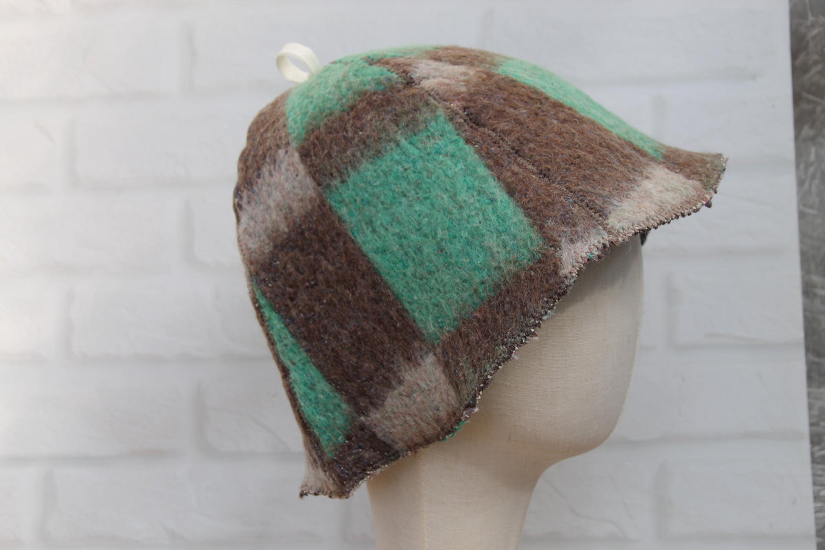 Eco-Friendly Upcycled Wool Sauna Hat, Handcrafted from Vintage Plaid Blanket, One-of-a-Kind, Gray and Green