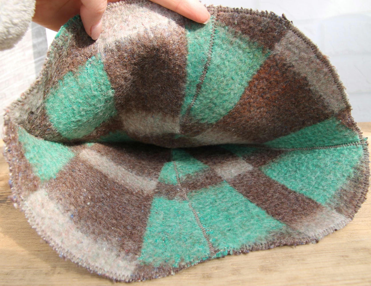 Eco-Friendly Upcycled Wool Sauna Hat, Handcrafted from Vintage Plaid Blanket, One-of-a-Kind, Gray and Green
