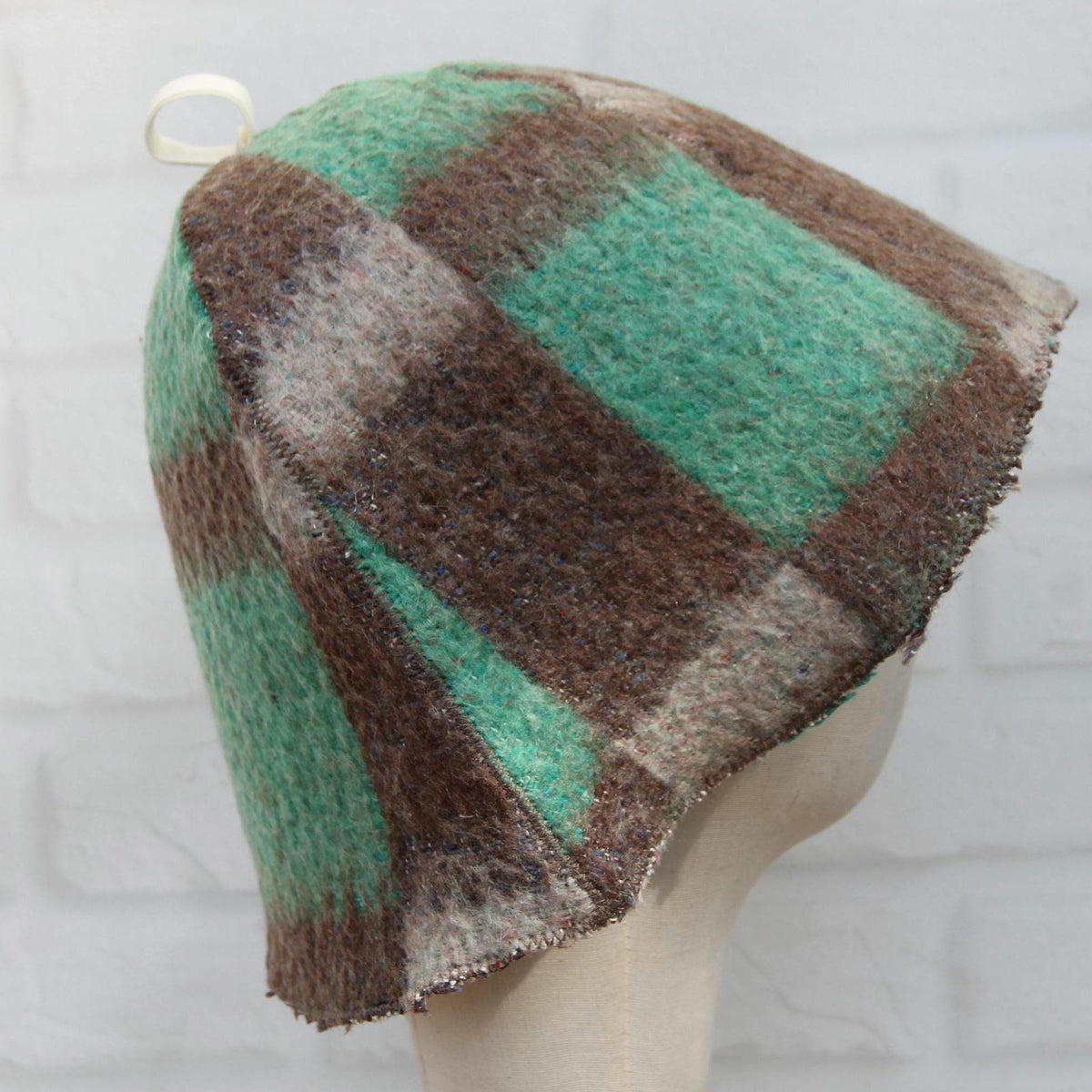 Eco-Friendly Upcycled Wool Sauna Hat, Handcrafted from Vintage Plaid Blanket, One-of-a-Kind, Gray and Green