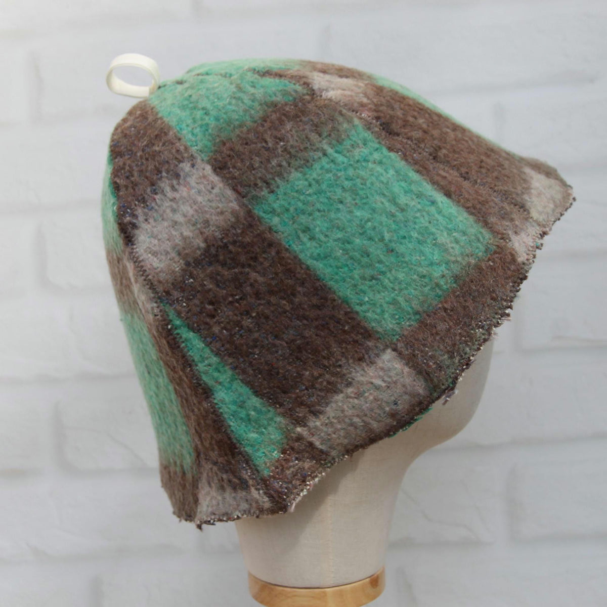 Eco-Friendly Upcycled Wool Sauna Hat, Handcrafted from Vintage Plaid Blanket, One-of-a-Kind, Gray and Green