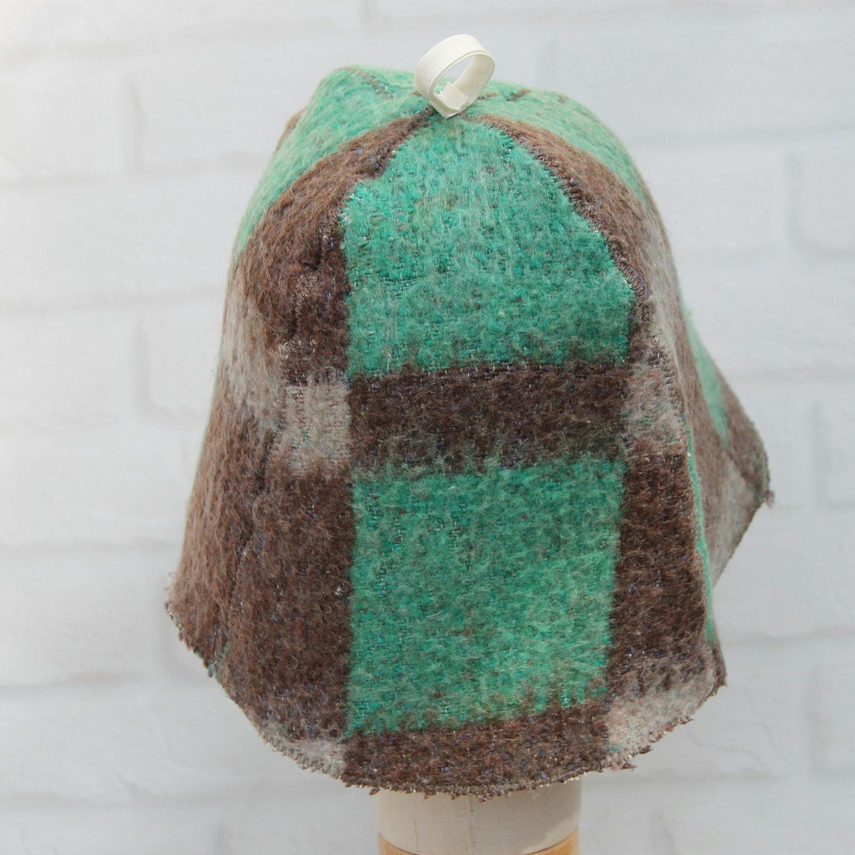 Eco-Friendly Upcycled Wool Sauna Hat, Handcrafted from Vintage Plaid Blanket, One-of-a-Kind, Gray and Green