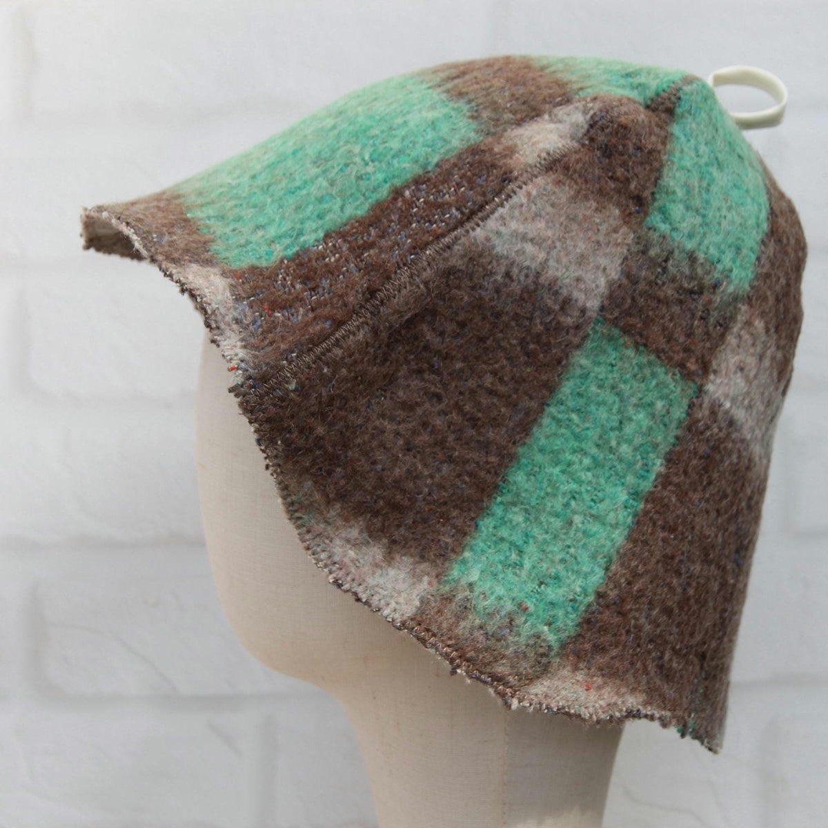Eco-Friendly Upcycled Wool Sauna Hat, Handcrafted from Vintage Plaid Blanket, One-of-a-Kind, Gray and Green