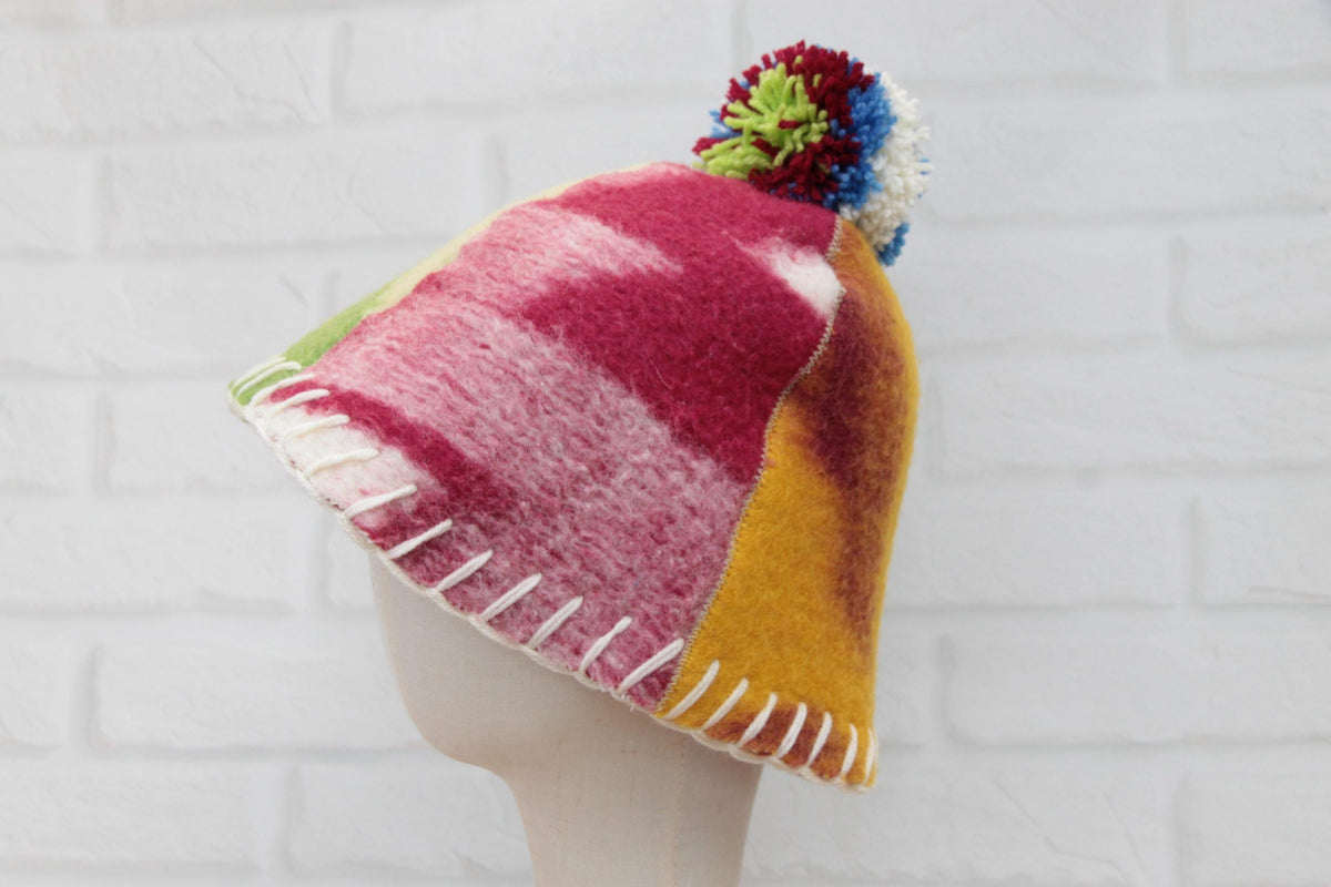Eco-Friendly Upcycled Wool Sauna Hat 4-Panel Patchwork Design