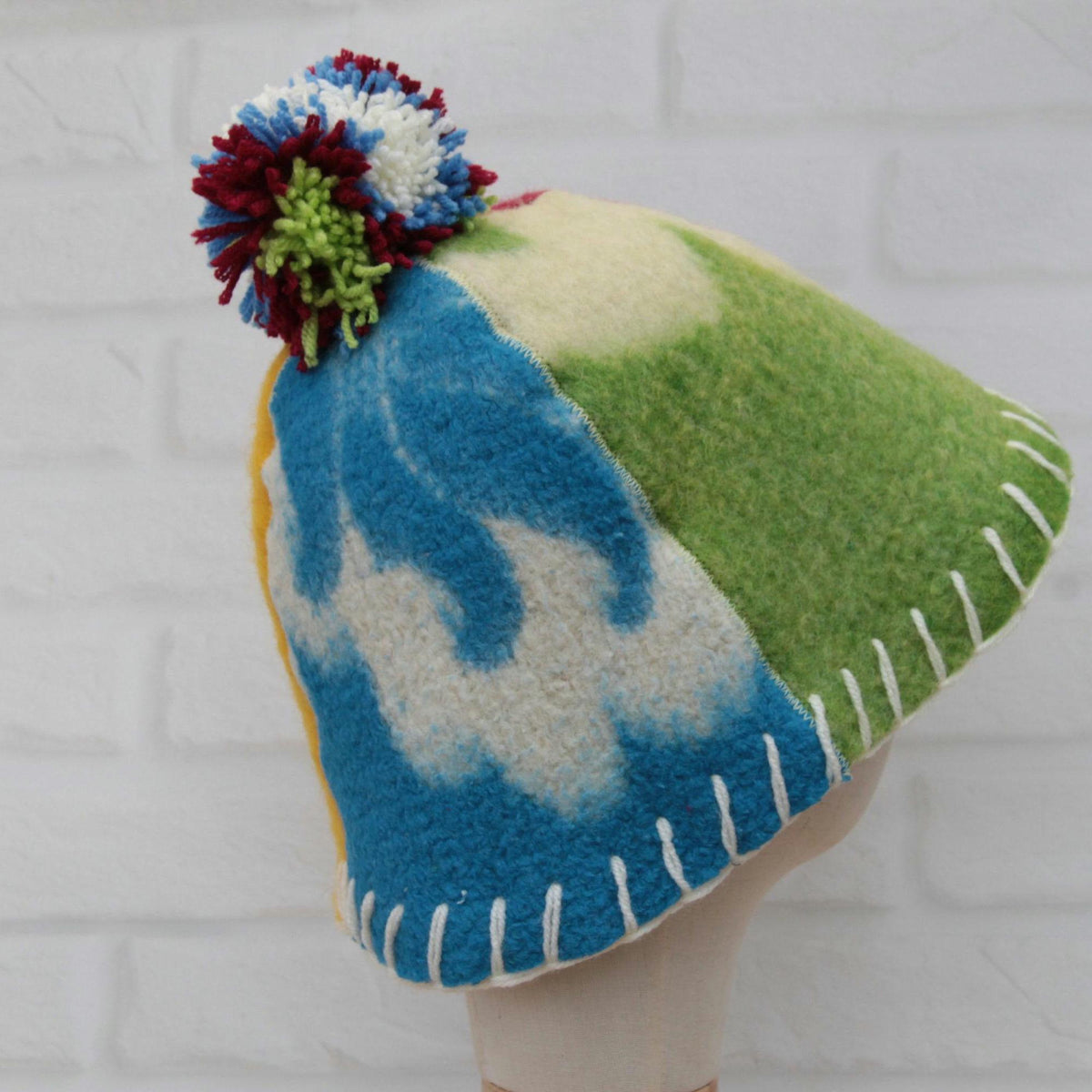 Eco-Friendly Upcycled Wool Sauna Hat 4-Panel Patchwork Design