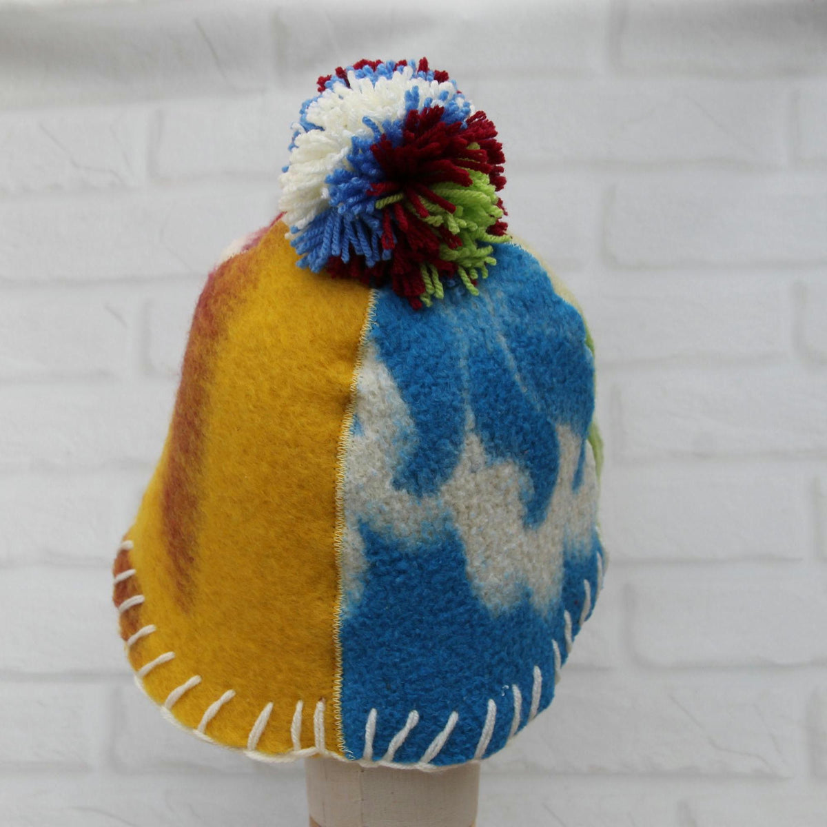 Eco-Friendly Upcycled Wool Sauna Hat 4-Panel Patchwork Design