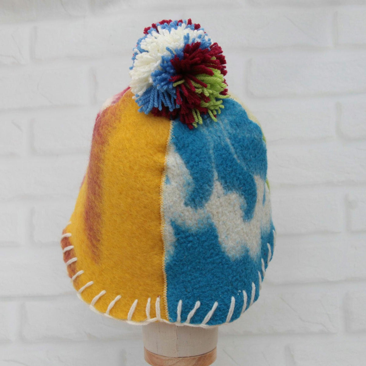 Eco-Friendly Upcycled Wool Sauna Hat 4-Panel Patchwork Design