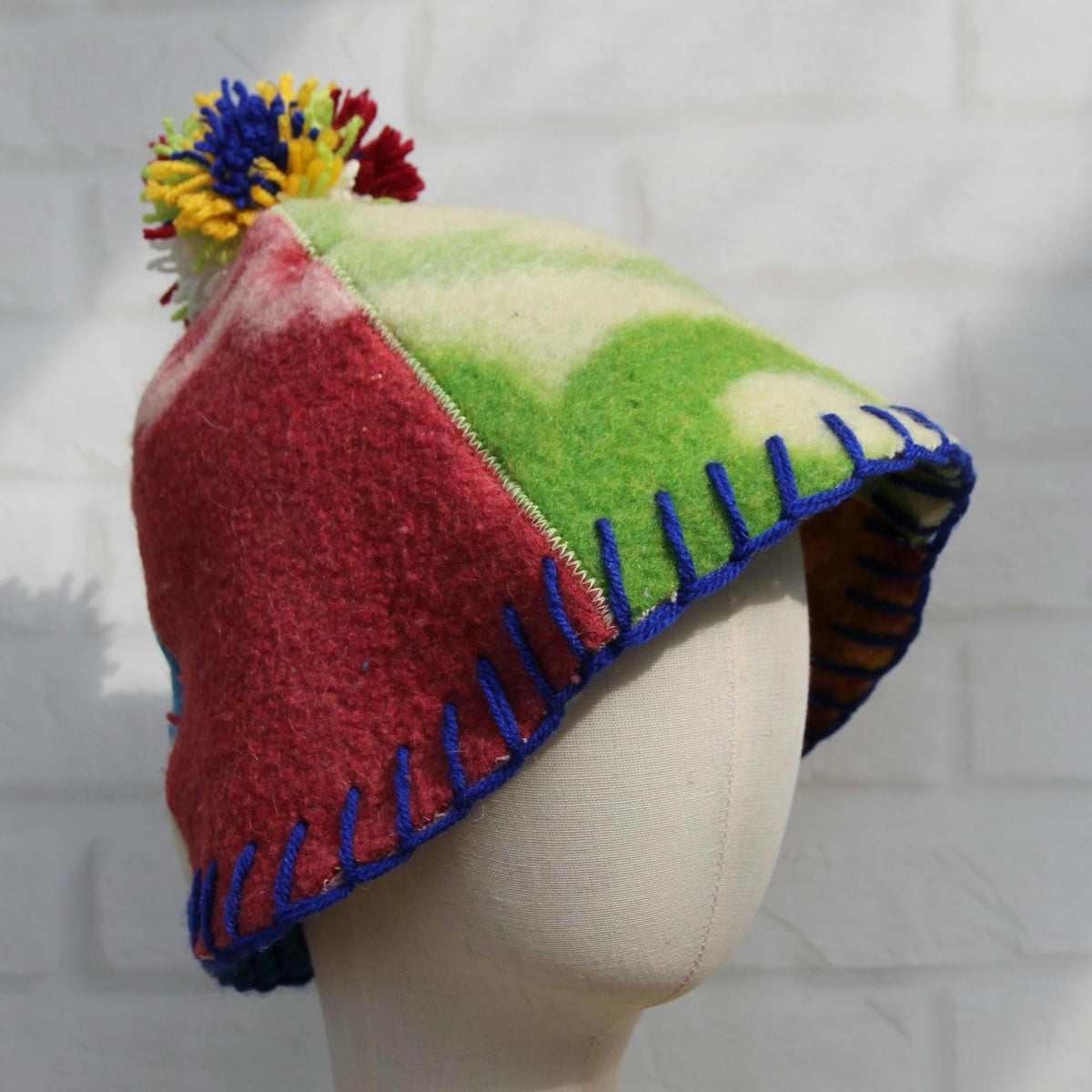 Eco-Friendly Upcycled Wool Sauna Hat 4-Panel Patchwork Design